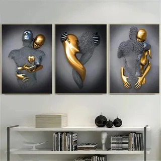 EXQULEG 3er Kunst Modern Poster Set - 3D Grau Gold Metallfigur Statue Kunst Liebe Herz Umarmungen Kuss Bilder Wandkunst Deko - Ohne Rahmen - Wanddeko Wand Wohnzimmer Wanddekoration Deko (50x70cm)