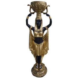 Casa Padrino Deko Skulptur Ägypterin mit Blumentopf Schwarz / Gold H. 130 cm - Wetterbeständige Ägyptische Dekofigur - Wohnzimmer Garten Terrassen Skulptur
