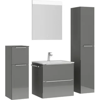 nobilia® Badmöbel-Set Levere, (4-St., vormontiert, mit Soft-Close), Hochglanz, inkl. Spiegel mit Touch-Sensor, in vier Breiten grau 140 cm x 169 cm x 48,7 cm