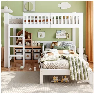 i@home Etagenbett Kinderbett Massivholz umbaubar, Hochbett L-Eck-Kombination (2-St., Rausfallschutz, abgerundete Kanten, Lattenroste inkl), Einzelbett frei kombinierbar, für Geschwisterzimmer 90x200 cm weiß