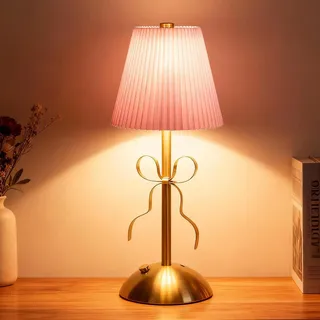 Zecnaud LED Tischlampe Kabellos Dimmbar, Nachttischlampe Touch Dimmbar, Vintage Retro Tischleuchte Akku Batteriebetrieben, 30 * 12cm Kabellose Nachttischlampe Beige für Wohnzimmer Bar (Rosa)