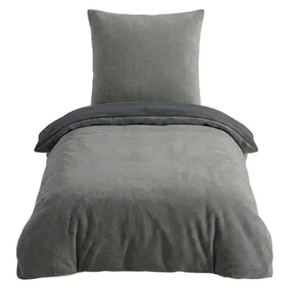 Microfaser Fleece Bettwäsche mit verdecktem Reißverschluss - einfarbig & wendbar Grau-Anthrazit 135 x 200 cm + 80 x 80 cm