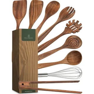 WALDWERK Küchenhelfer Set aus Holz - 9-Teilig Mit Grillzange, Schneebesen, Pfannenwender, Löffel und Nudelschöpfer - Kochutensilien