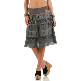 malito more than fashion Sommerrock malito Damen Rock mit Blumen Strickmuster, Glockenrock mit Gürtel, Baumwollrock knielang grau 34-40