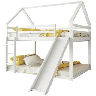 Merax Hochbett aus Kiefernholz mit Rutsche und Leiter, Etagenbett mit Rausfallschutz Kinderbett 140x200cm mit 2 Liegeflächen, Doppelbett mit Lattenrost weiß 146 cm x 206 cm x 188 cm