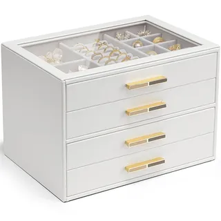 Vlando Schmuckkästchen Groß, Schmuckkasten mit 4 Ebenen, Schmuck Organizer mit Glasdeckel, 4 Schubladen,für Halsketten, Ohrringe, Uhren, Armbänder, Schmuckaufbewahrung, Modern, Cinderella Plus, Weiß