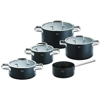 Rösle Kochtopfset Ebonic, Schwarz, Metall, 5-teilig, 16 cm, 57x32 cm, backofengeeignet, hitzebeständige Griffe, hitzebeständig, leichte Reinigung, Dreischicht-Material mit durchgängigem Aluminiumkern, optimale und gleichmäßige Wärmeverteilung bis zum Rand, antihaftversiegelte Wabenstruktur,backofengeeignet, Kochen, Töpfe, Topfsets