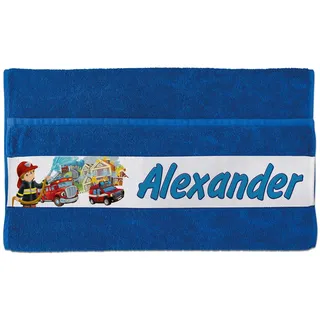 Unikatolo Handtuch mit Name auf BORDÜRE | Feuerwehr, Kinderhandtuch blau Kleiner Feuerwehrmann, Geschenkidee Jungs Kindergarten Kita (50 x 100 cm)