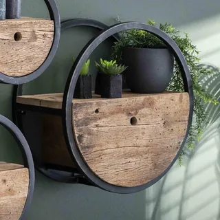 RINGO-Living Rundes Regal Metall & Massivholz mit Schublade, Hängende Kommode aus Hartholz & Metallumrandung, Wandregal Blumentopf Ablage mit Stauraum, Küchenregal Rund, Designer Wandregal Rund