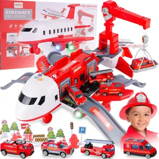 MalPlay Falt-Flugzeug Parkhaus und kran | 4x Feuerwehr Autos | Lernspielzeug | Flughafen Licht Sound | Kinder ab 3 Jahren