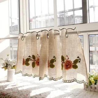 Lsimeru Scheibengardine Vintage Shabby Chic Kurz Stickerei Rose Muster Halbtransparent Landhaus Küchenvorhänge Fenster Kurzstore Baumwolle Romantisch Rustikal Kurzgardinen 1 Stück,195x85cm