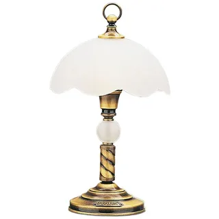 Licht-Erlebnisse Tischlampe Messing Weiß Glas Metall rund 40cm TOBSYN Lampe Jugendstil Antik Nachttischlampe Beistelltisch