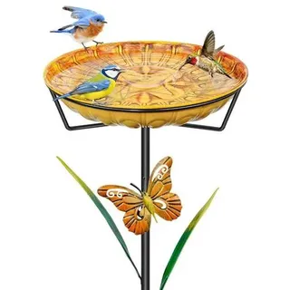Vogeltränke Stehend 88cm Antikgelb Rostfreies Eisen Frostsicher 2-in-1 Vogelbad Futterstation