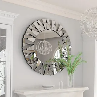 Artloge Rund Dekorative Wandspiegel 80×80, HD Silber Glas Sonnen-Design Spiegel mit Metall Haken - Badspiegel für Badezimmer Wohnzimmer Schlafzimmer