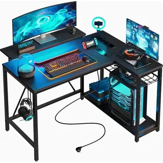 Five Stars Five Stars® L-förmiger Gaming Schreibtisch - Computertisch - 107x80x76 cm - Gaming-Schreibtisch mit LED-Beleuchtung - Eckschreibtisch - Schwarz Carbon