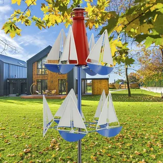 Windmühle Garten Metall Segelboot Windmühle Leuchtturm mit Drehbares Design Wetterfest Gartenwindmühlen Metall Windmühle Bausatz für Garten Terrasse