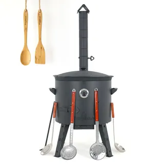 Utschak Feuerofen Ø 49 cm & Gusseisen Topf 22 L, Ø 52,7 cm | Kazan-Set mit Deckel | Учаг Outdoor Feuerschale & Dutch Oven | Usbekischer Kochtopf aus Gusseisen für Grill & Plov