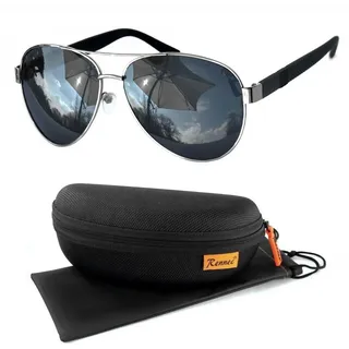 Rennec Sonnenbrille (Piloten Sonnenbrille Polarisiert Herren Damen XL Groß Brillenbox, Gestell in Silber und Gläser in Schwarz) Pilotenbrille Getönt UV400 Polarisierte Linsen sportliche Brillenbügel schwarz
