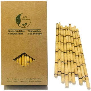 Gelber Bambus Papier Strohhalme, 100 Stück Biologisch Abbaubar Bamboo Einweg Trinkhalme Mit Recycelter Verpackung für Partys, Bars, als Geschenk
