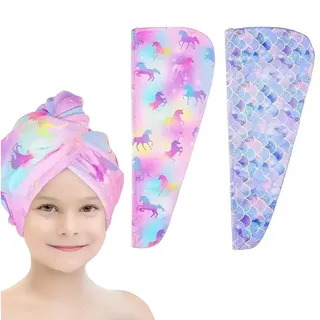 FIKZOM 2 Stück Kinder Haarturban Mikrofaser Handtuch Cartoon Turban Handtuch Schnelltrocknend Einhorn Fischschuppen Motiv geeignet für Mädchen und Damen