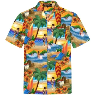 Hawaiihemdshop.de Hawaiihemd Hawaii Hemd Herren Baumwolle Kurzarm Hawaiihemd mit Palmen und Meer orange 4XL