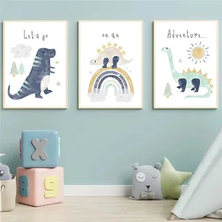 Sarah Duke Poster Kinderzimmer Deko, 3er Set Dinosaurier Wandbilder Junge, Ohne Rahmen Cartoon Leinwand Bilder, Wanddeko Kinderposter für Kinder (30 x 40 cm)