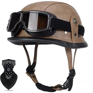 Labzaa Deutsche Leder Motorrad Halbhelme mit ECE, Retro Moped Helm Chopper Halbschalenhelm JetHelm mit Brille Sonnenblende und Schnellverschlussschnallen für Cruiser Chopper Biker Moped Y XXXL