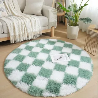 Lifup Teppich Rund Hochflor Teppich, Kariert Extra Weicher Flauschig Waschbar rutschfest für Wohnzimmer Schlafzimmer Grün-Weiß 80 x 80 cm
