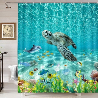 DYNH Meeresschildkröte-Duschvorhang, unter dem Meer, Ozean, Tiere, Duschvorhang, Unterwasser, Schildkröte, Meerestiere, türkis, Badezimmer-Duschvorhang, 12 Haken, 170 x 188 cm