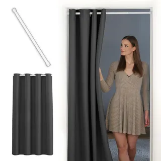 tinycurtains, Thermo Türvorhang mit Teleskopstange, einfache Montage in nur 1 Minute ohne Bohren (Türgardine anthrazit + H195 x B150 cm + Stange weiß B70-120 cm)