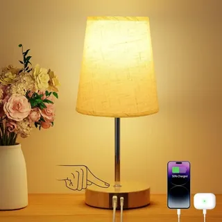 Nachttischlampe Mit Usb-a- Und Usb-c-ladeanschlüssen, 3 Helligkeitsstufen, Stofflampenschirm, Holzfuß, Kleine Tischlampe Fürs Schlafzimmer