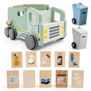 LumioToys Montessori Müllauto Holz ab 3 Jahren – Müllwagen Lernspielzeug – Müllabfuhr Set mit Mülltonnen & Karten zur Mülltrennung – Motorikspielzeug & Geschenk für Junge & Mädchen 3 4 5 Jahre