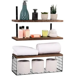 Tinyyo BELLE VOUS (3er Pack Braunes Wandregal Holz Set - 42 cm Lang - Rustikales Schwebendes Regal mit Korb - Wandregal Badezimmer, Schlafzimmer, Wohnzimmer, Küche oder Büro