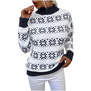 Weihnachtspullover Damen Norwegen Pullover mit kleinem Stehkragen Christmas Pullover Warm Strickpullover mit Streifen Schneeflocken Langarm Winter Pullis für Frauen
