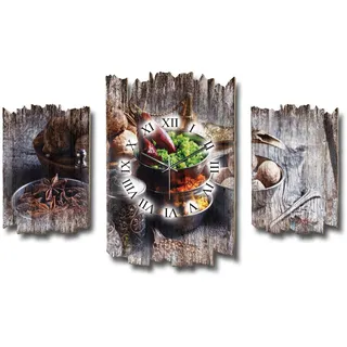 Kreative Feder Dreiteilige Designer-Wanduhr Gewürze Kräuter Shabby-Chic Landhaus-Stil leise Funkuhr ohne Ticken 95x60cm aus Holz (Gewürze, leises Funkuhrwerk)