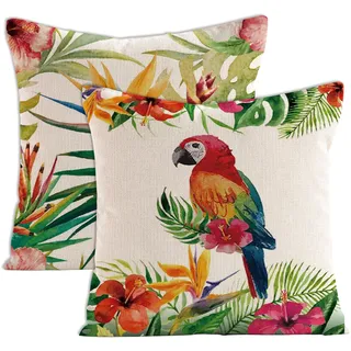 Set Aus 2 Dekorativen Kissenbezügen Mit Tropischen Blumenmustern (blumen, Palmen, Blätter, Flamingos, Papageien, Vögel), Standard-quadratformat 45 X 45 Cm, Sommerlicher Aquarellstil.