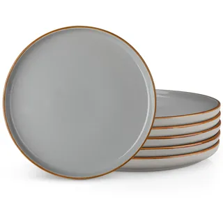 Steingut Teller Set 6 personen, vancasso RENO Speiseteller flach ø 26 cm, Essteller für Pasta, Salat, Dessert, Frühstück, Geschirr für Spülmaschine und Mikrowelle, Servierteller mit randerhöhung, Grau