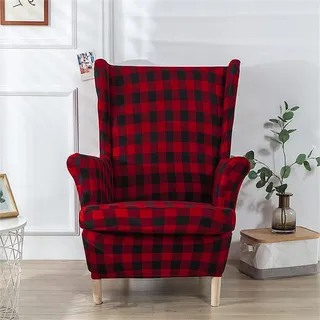 Highdi 2 Teilig Ohrensessel Überzug, Sessel-Überwürfe Ohrensessel Schonbezüge Bezug Sesselhusse Elastisch Stretch Tiger Stuhlbezug mit Armlehne Hohe Rückenlehne (rot kariert)
