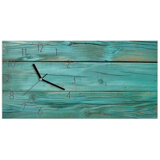 Primedeco Wanduhr Glasuhr Wandkunst Größe 60 x 30 cm mit Motiv Holzplanken Türkis