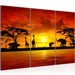 Runa Art Wandbilder Afrika Sonnenuntergang Bild XXL Wohnzimmer Schlafzimmer Orange Giraffe Elefant 120 x 80 cm 3 Teilig 000231a