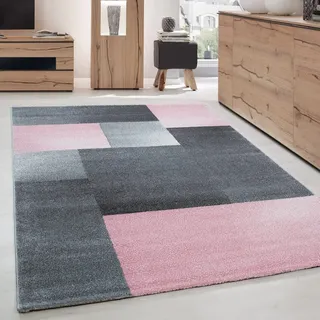 Carpettex Kurzflor Teppich 140x200 cm Karo Rosa-Grau Pflegeleicht