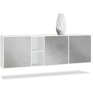 Vladon Sideboard Cuba (Kommode, mit 3 Türen und 2 offene Fächer), Weiß matt/Scratchy Metal (182 x 53 x 35 cm) grau