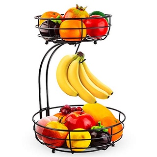Auledio Obstkorb mit Bananenhalter, Metall 2 Stöckig Obstschale Obst Schüssel Brotkorb Gemüse Halter Aufbewahrung für Küche, Schwarz