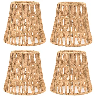 4 Stück Lampenschirm Boho, Rattan Lampenschirm, Boho Rattan lampenschirm Klein, lampenschirms rattan Papierlampenschirm für Wohnzimmer, Esszimmer und kreative DIY Dekoration Khaki