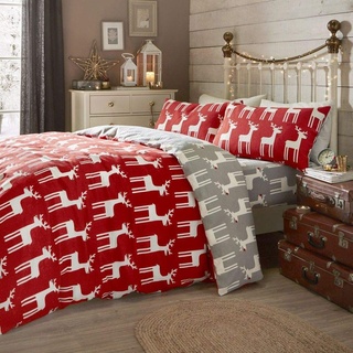 Fusion Flauschiger Pinguin Bettbezug und 2 Kissenbezüge, Baumwolle, rot, Double, W200cm x L200cm (Duvet Cover), W50cm x L75cm (Pillow Case)