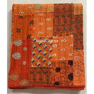 Mehrfarbige Patchwork-Steppdecke, Vintage, indisch, wendbar, gesteppt, superweich und warm, Wohnzimmer-Dekoration für Sofa und Couch, 152,4 x 170,2 cm (Orange)