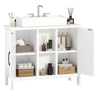 YITAHOME waschbeckenunterschrank mit Zwei geschlossene Schrankelemente, Bad unterschrank 70 cm breit, badezimmerschrank mit offenen Regalen, unterschrank waschbecken, Weiss