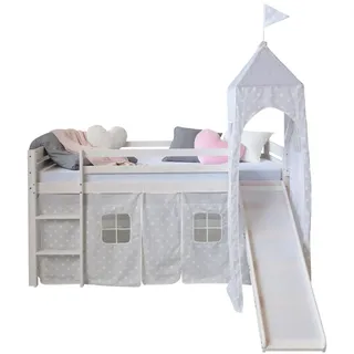 Homestyle4u Hochbett mit Stoffvorhang und Turm weiß/grau