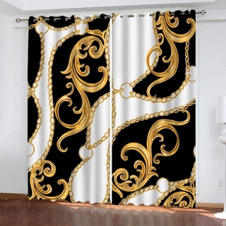 100% Blickdichter Vorhang Mit Ösen Barock- Verdunkelungsvorhang 140x100cm(2x70x100cm) Vorhänge Blickdichten Farben Gardinen Schwarze Farbe Goldene Farbe für Das Wohnzimmer für schmücken