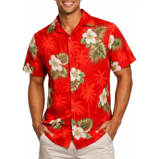 King Kameha Hawaii Hemd Männer - Komfortables Hawaiihemd Herren Kurzarm mit Front-Tasche & Blumen-Print - XXL